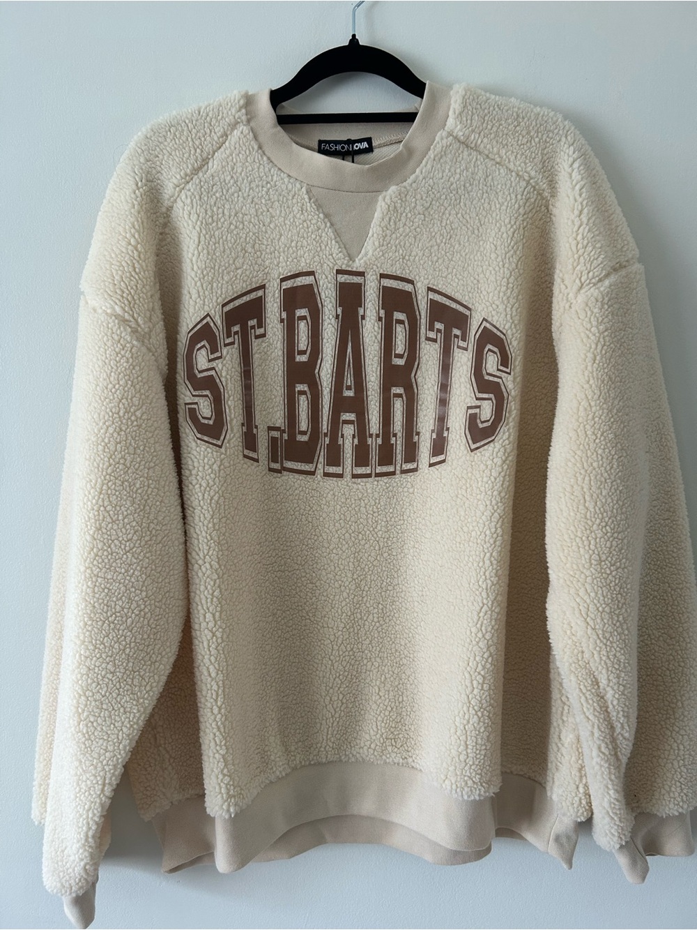 Fashion Nova Cream Sherpa Sweatshirt with Brown ST.BARTS Graphic